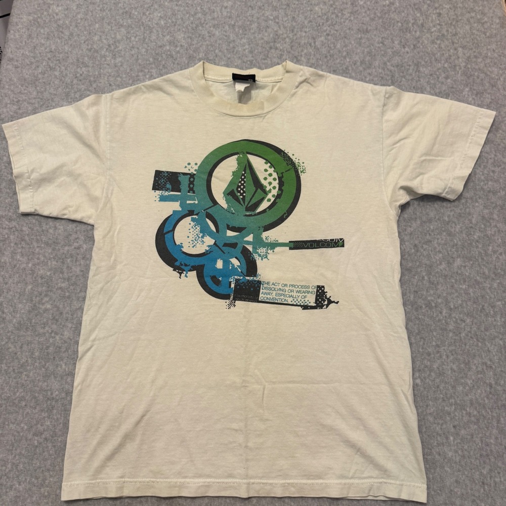 Volcom Stone Graphic T-Shirt Mens Medium Cream Y2K Skate Surf Abstract Tee